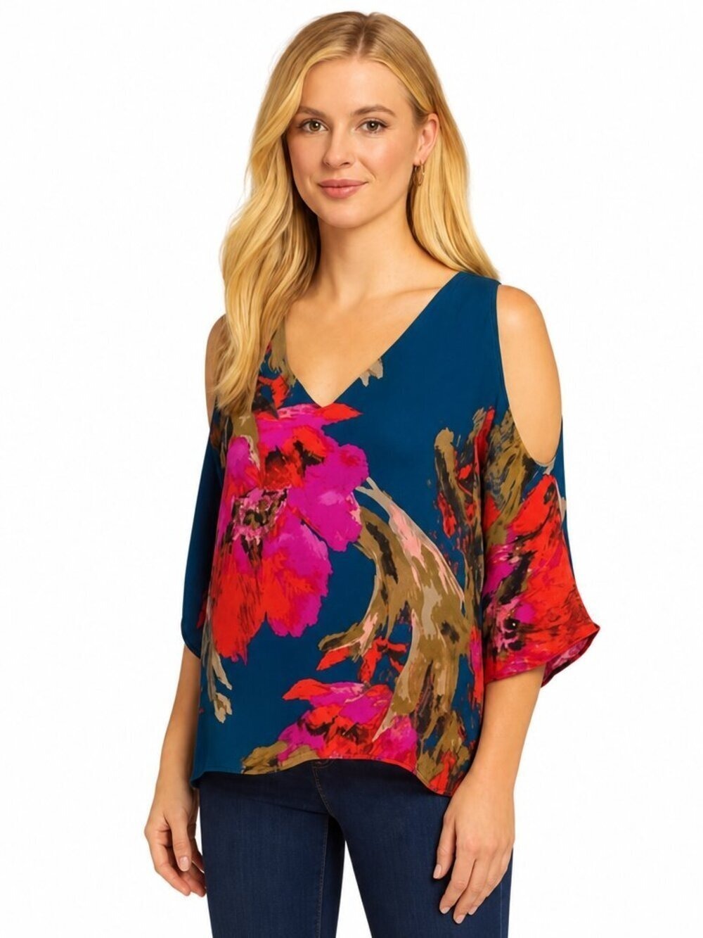 Trina Turk Silk Cold Shoulder Blouse – Bold Floral Print, Flowy Fit